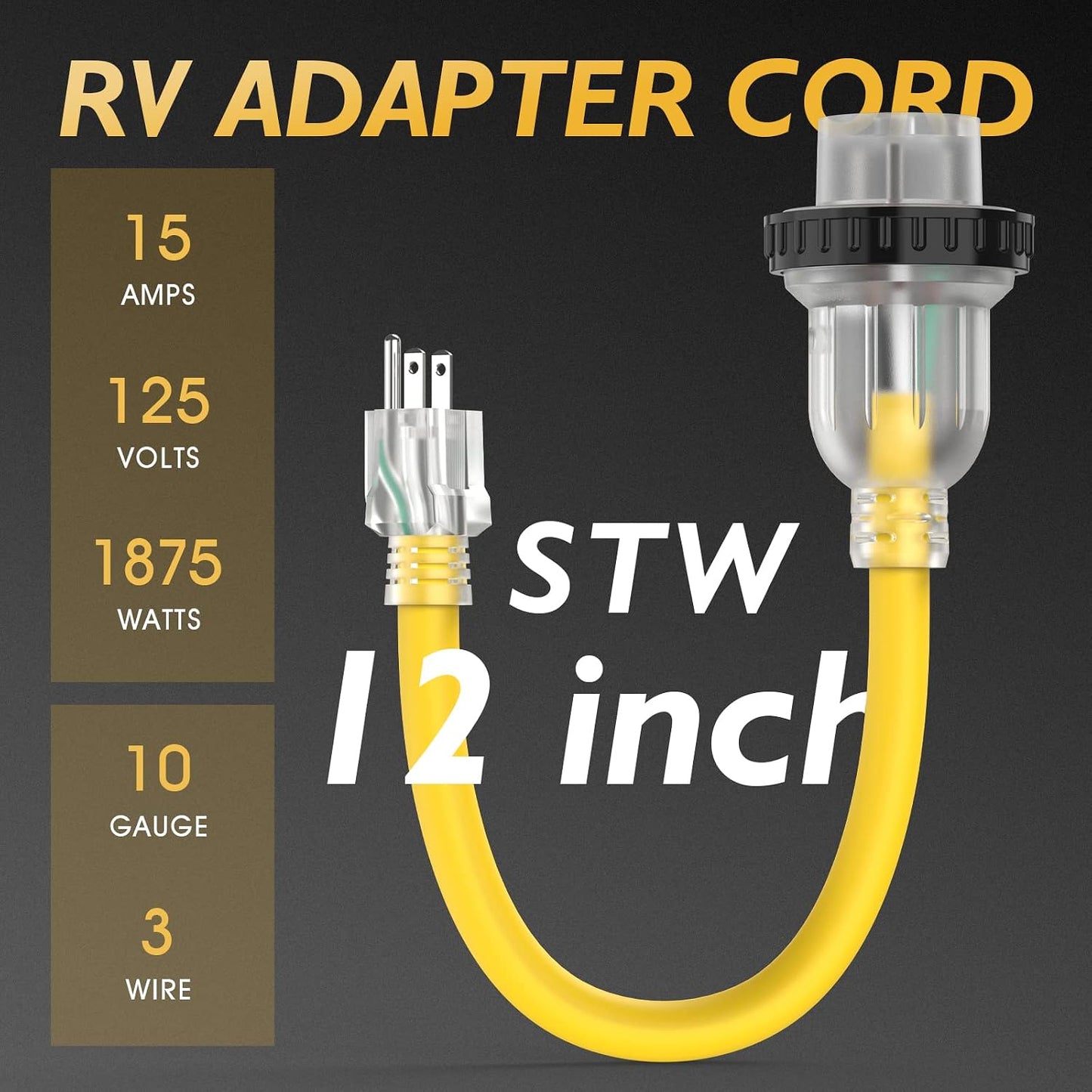 Adaptador corriente RV 30A a 15A NEMA 5-15P a L5-30R 12" UL