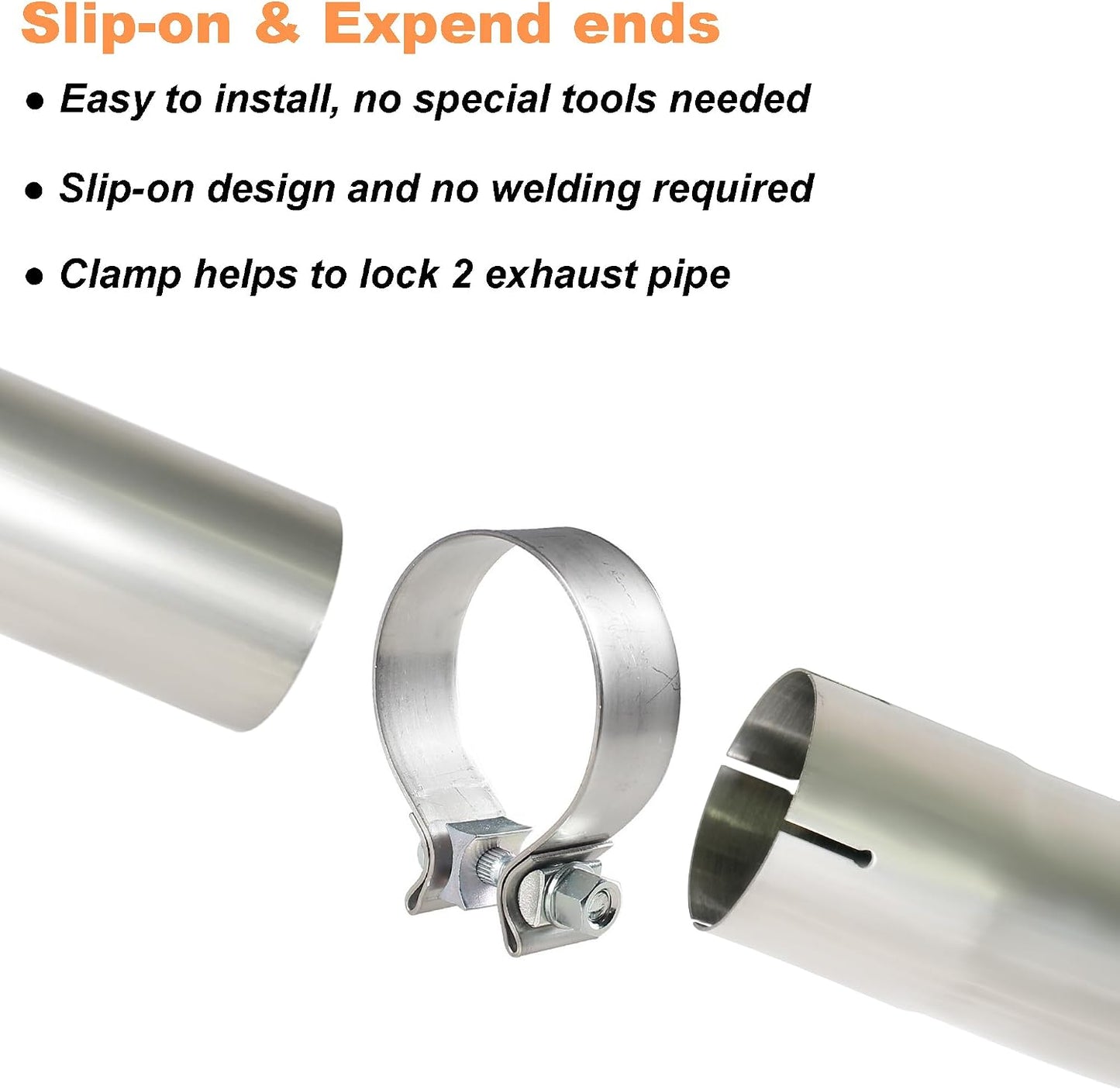 Tubo escape acero inox 2.5pulg 2 pies con abrazadera