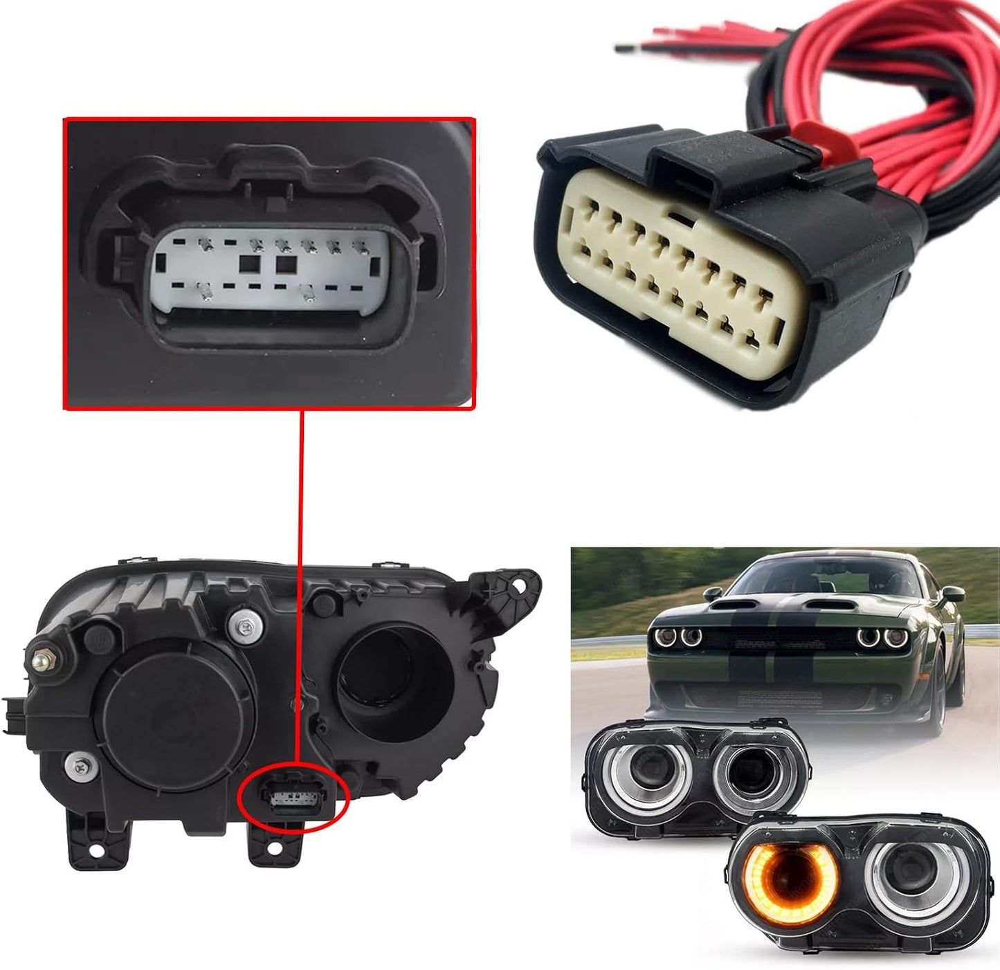 Conector faros halógenos 16 pines Dodge Challenger Jeep