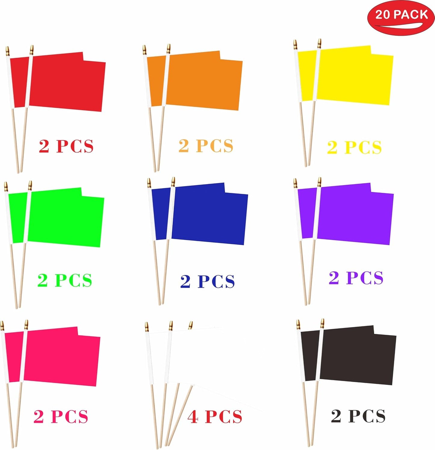 20 Banderas Mini Palo Madera 5x8pulg Colores Sólidos