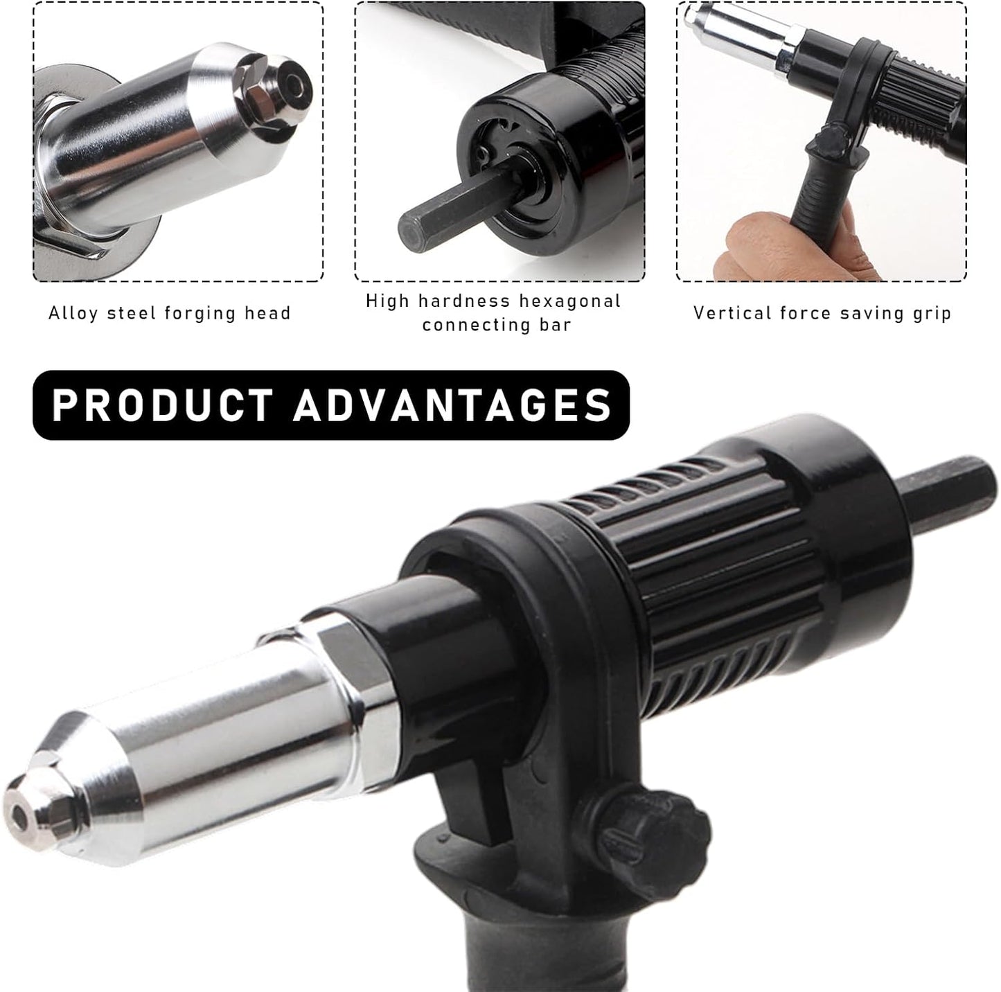 Pistola remache eléctrica con mango antiderrap y 4 cabezales