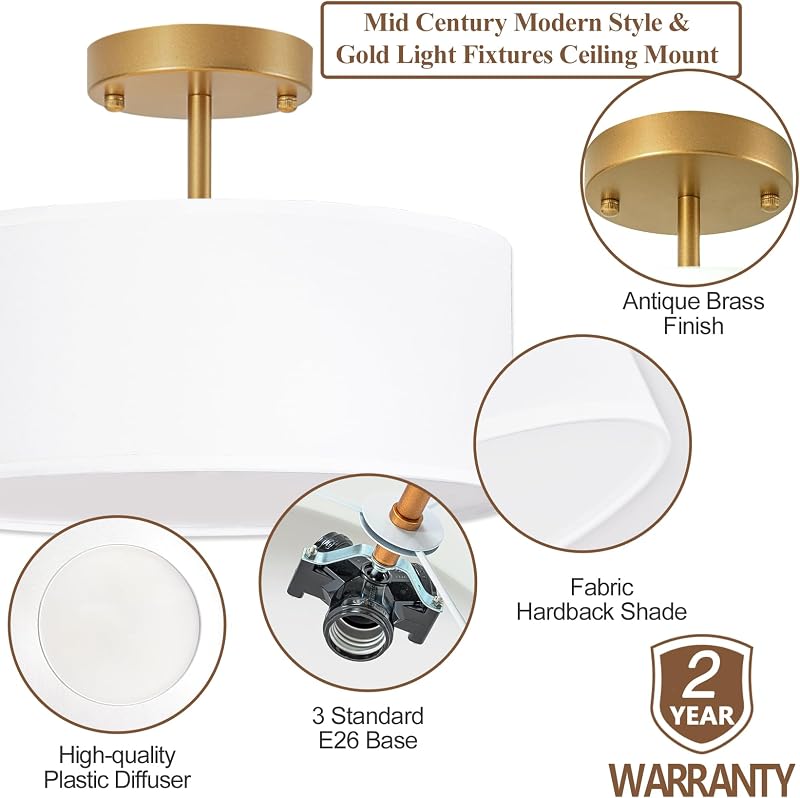 Lámpara techo moderna 3 luces 13" dorado tela blanca