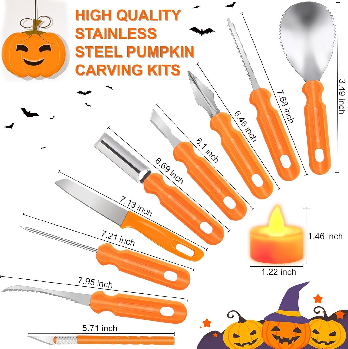 Kit tallado calabaza 41 pzas acero inox con velas LED