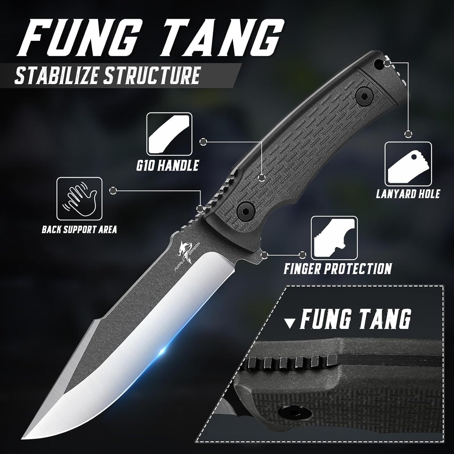 Cuchillo negro acero D2 mango G10 Kydex para camping hombres