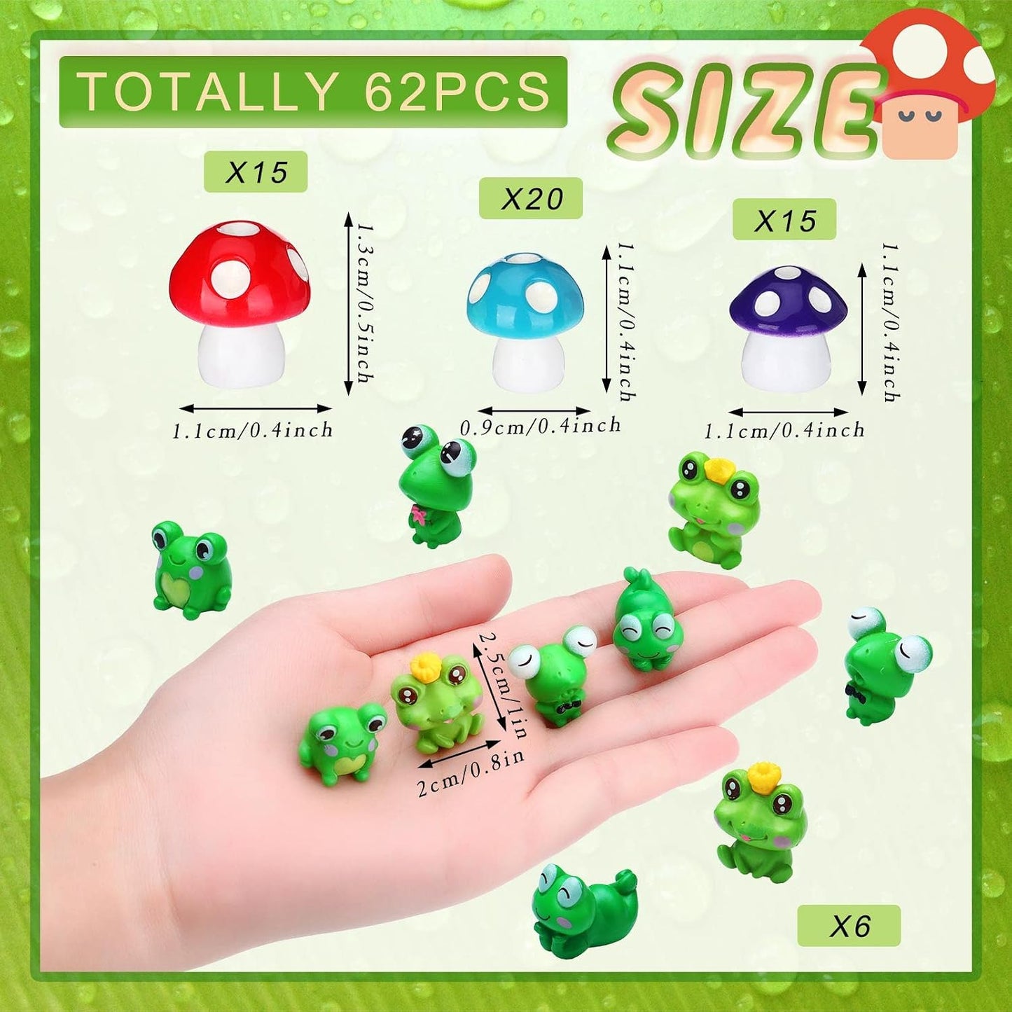 62 Pzas figuras mini hongos ranas decoración jardín multicolor