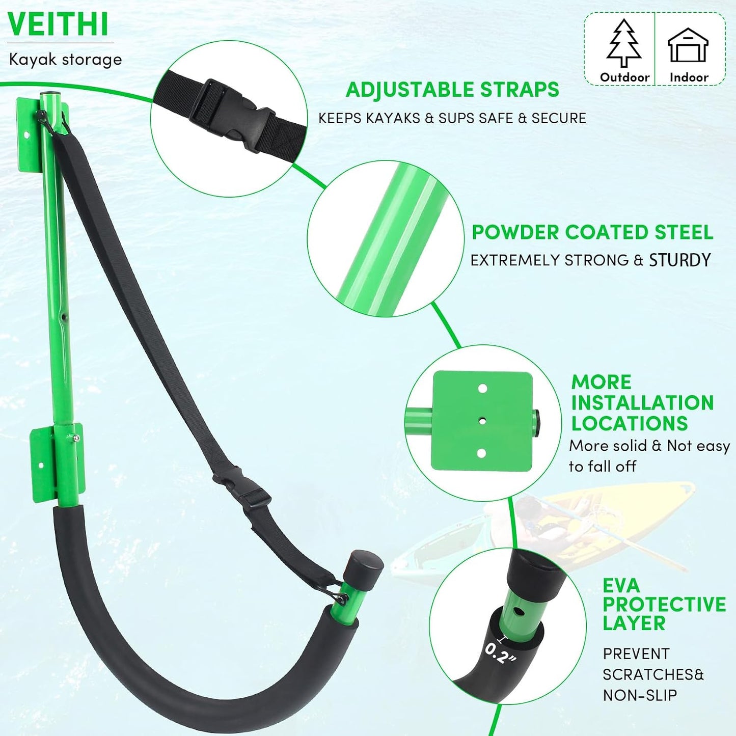 Soporte pared kayak acero 100lb con protector EVA