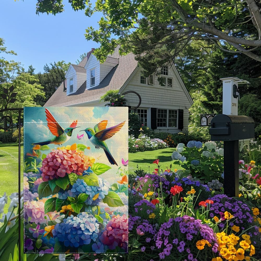 Bandera jardín hortensias colibríes 12x18pulg doble cara