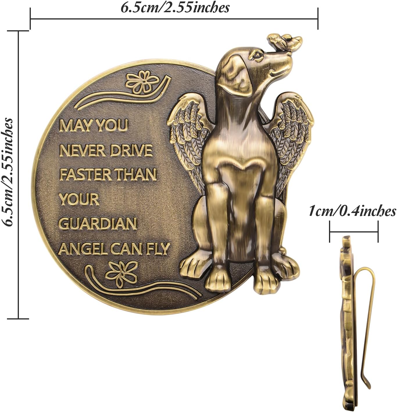Clip visera ángel guardián perro coche bronce
