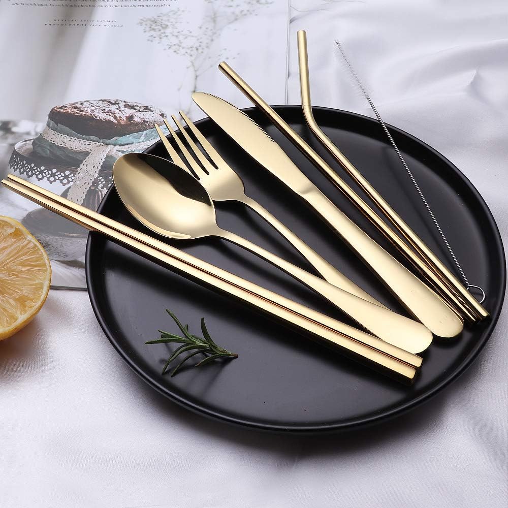 Set cubiertos acero inox portátil con estuche impermeable dorado