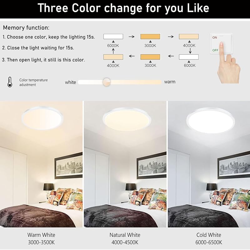 6 Luces LED Techo 12" 3 Colores 120V Superficie Delgada