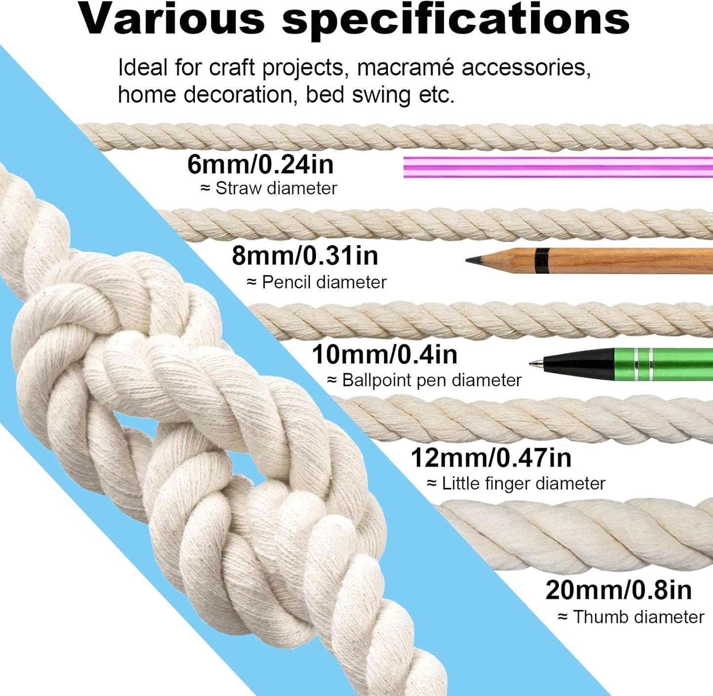 Cuerda algodón trenzada 3 hebras 8mm x 16ft beige