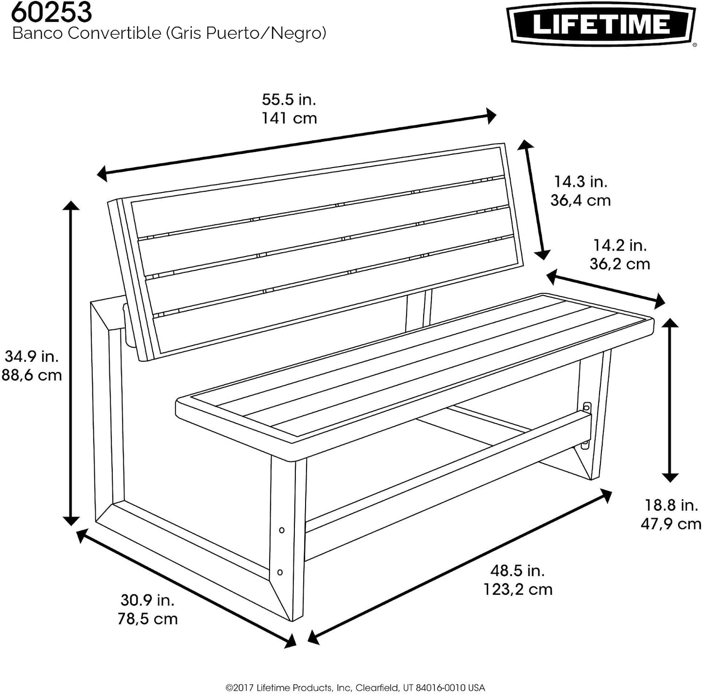 Banco Convertible Exteriores 55pulg Gris