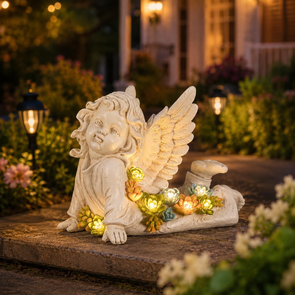 Estatuas solares querubín jardín 7" con suculentas