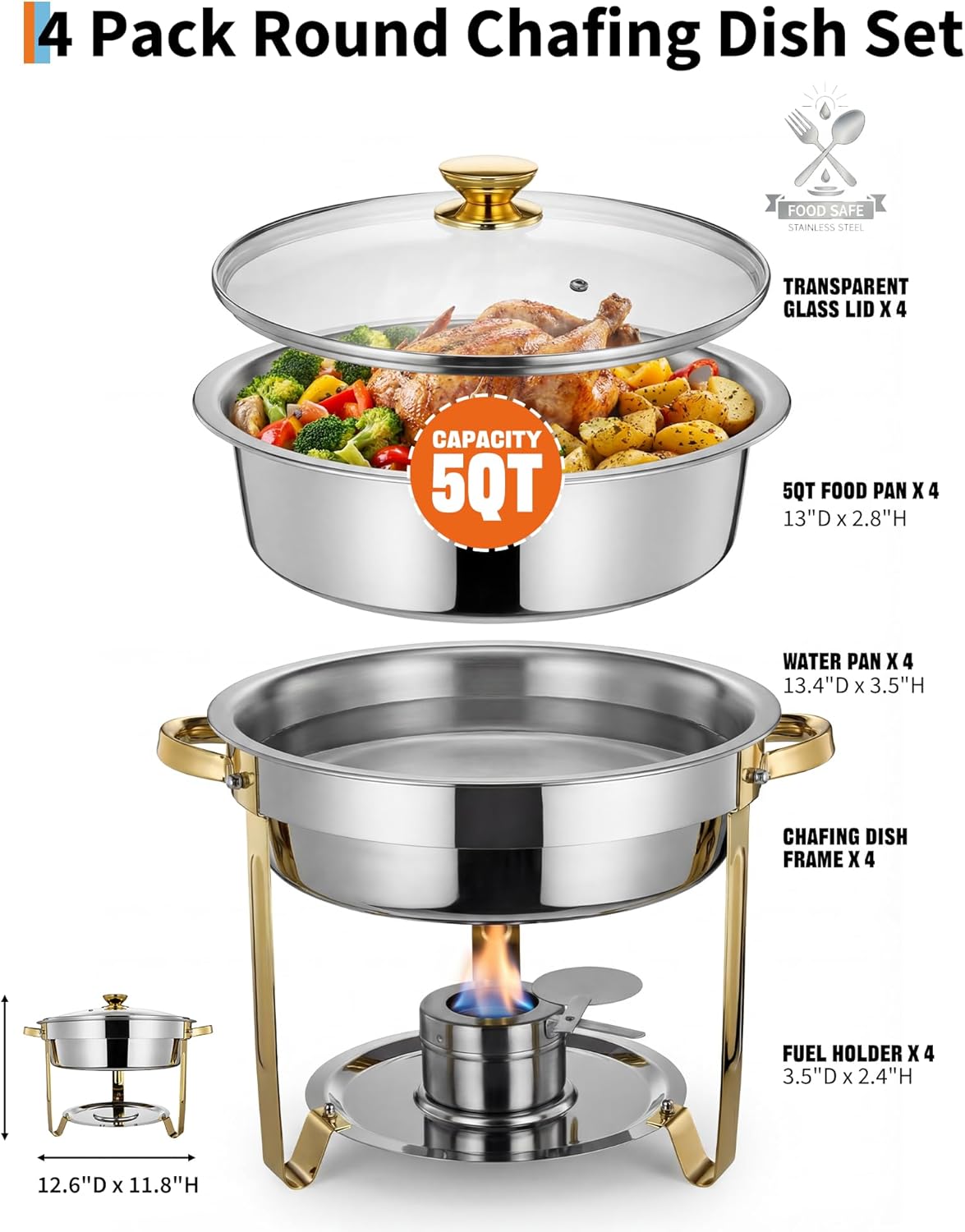 Set 4 Pzas Platos Acero Inox con Tapas Vidrio Calentador Bufé