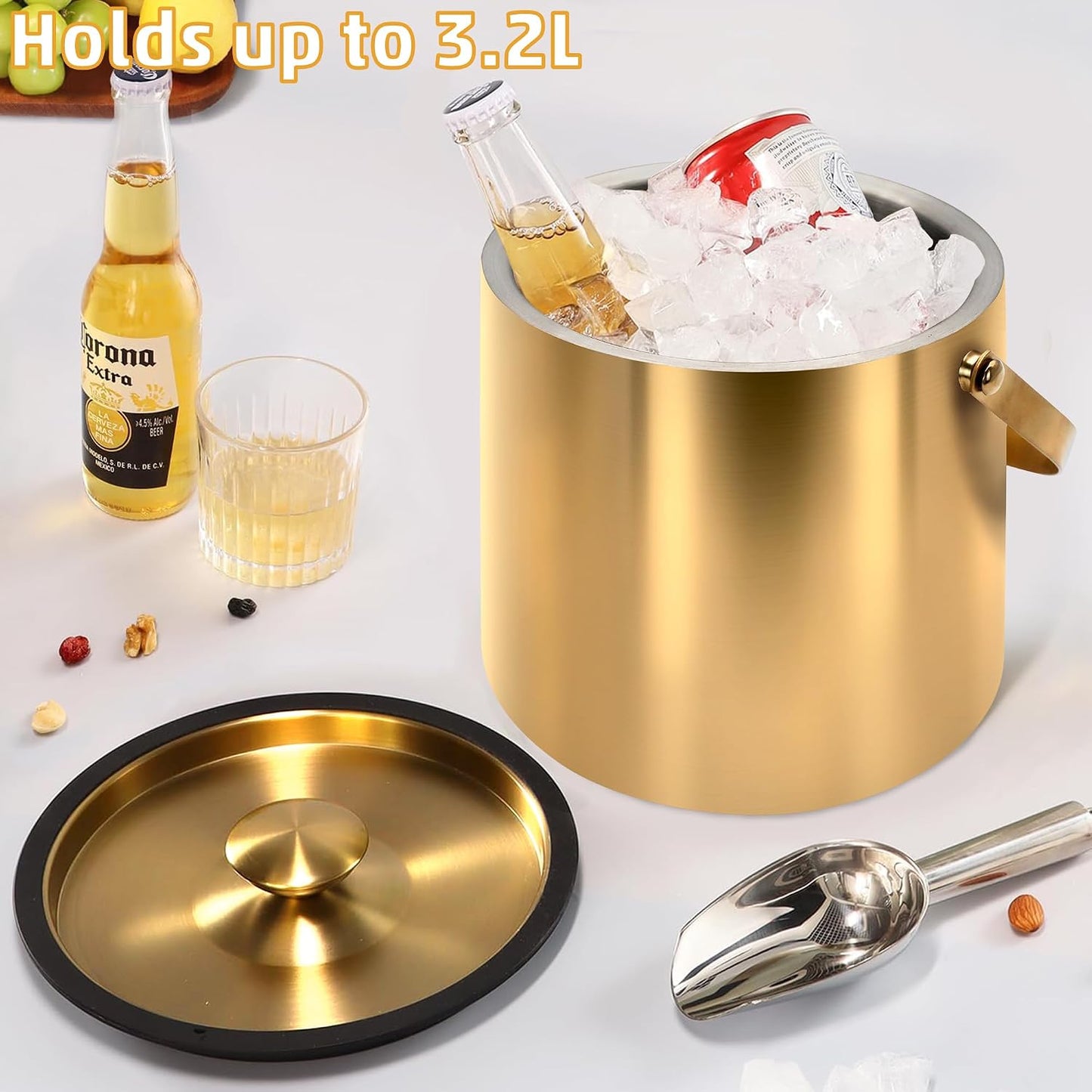Cubo hielo acero inox 3.2L con tapa cuchara pinzas para fiestas