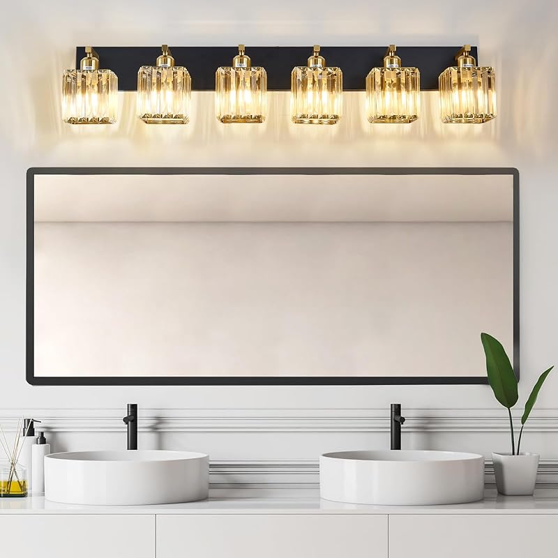 Luz de tocador moderna de cristal 6 luces negro dorado
