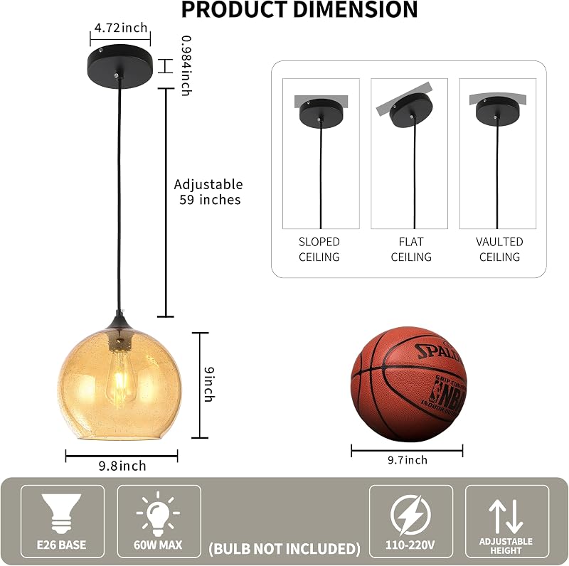 Lámpara colgante moderna de globo cristal ámbar 9.8pulg