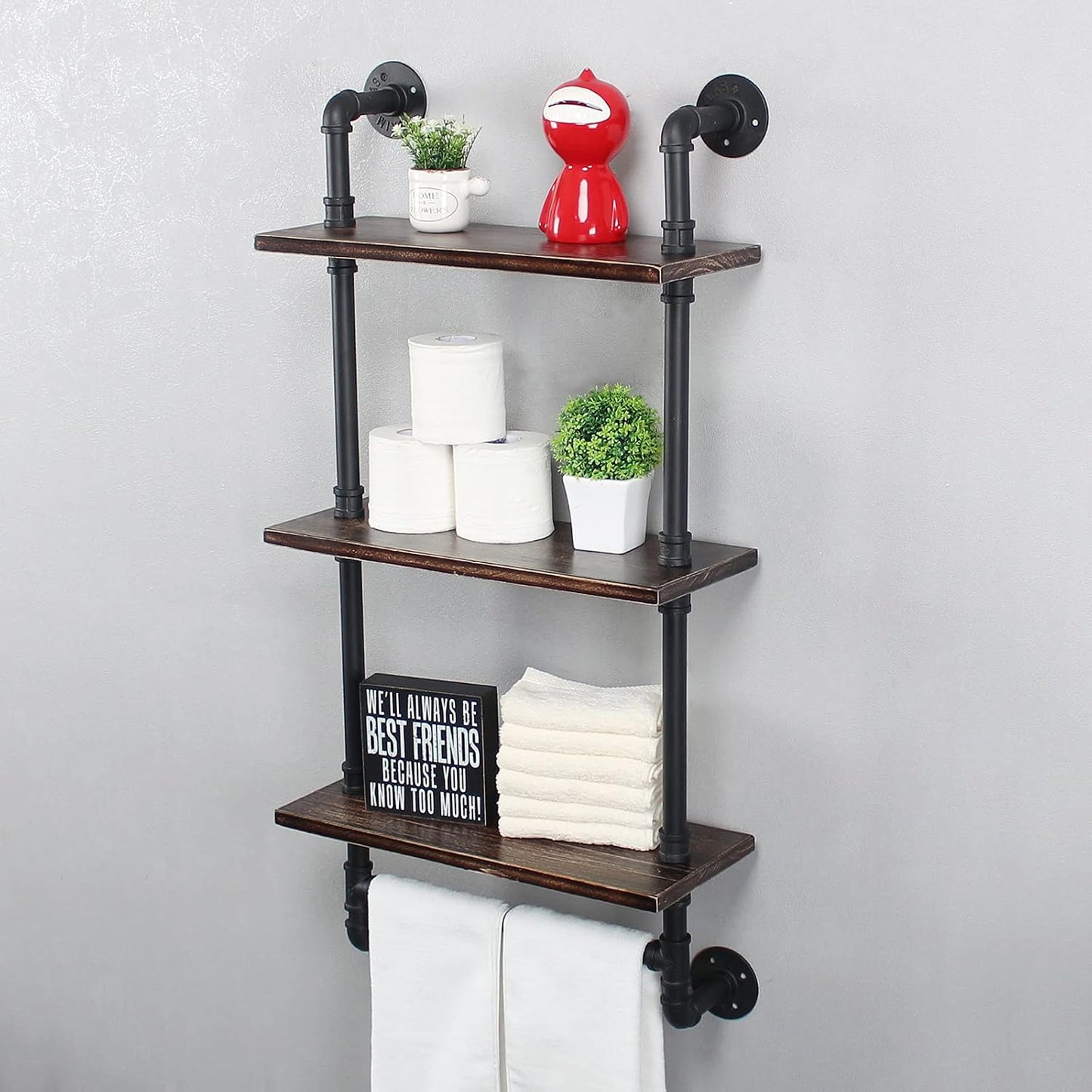 Estante de madera rústica para baño con barra toallas