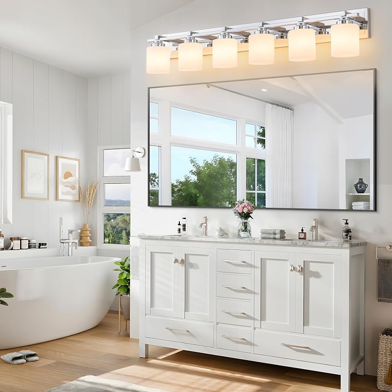 Lámpara baño 6 luces cromo pantallas vidrio blanco