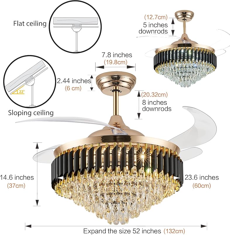 Ventilador techo dorado 52pulg con luz LED control remoto