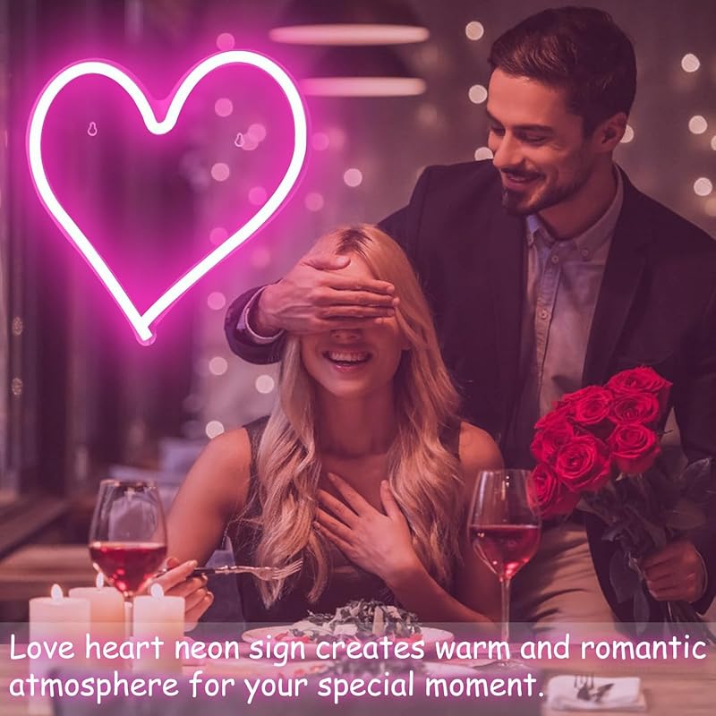 Letrero neón corazón rosa LED 13.4x13pulg regulable USB