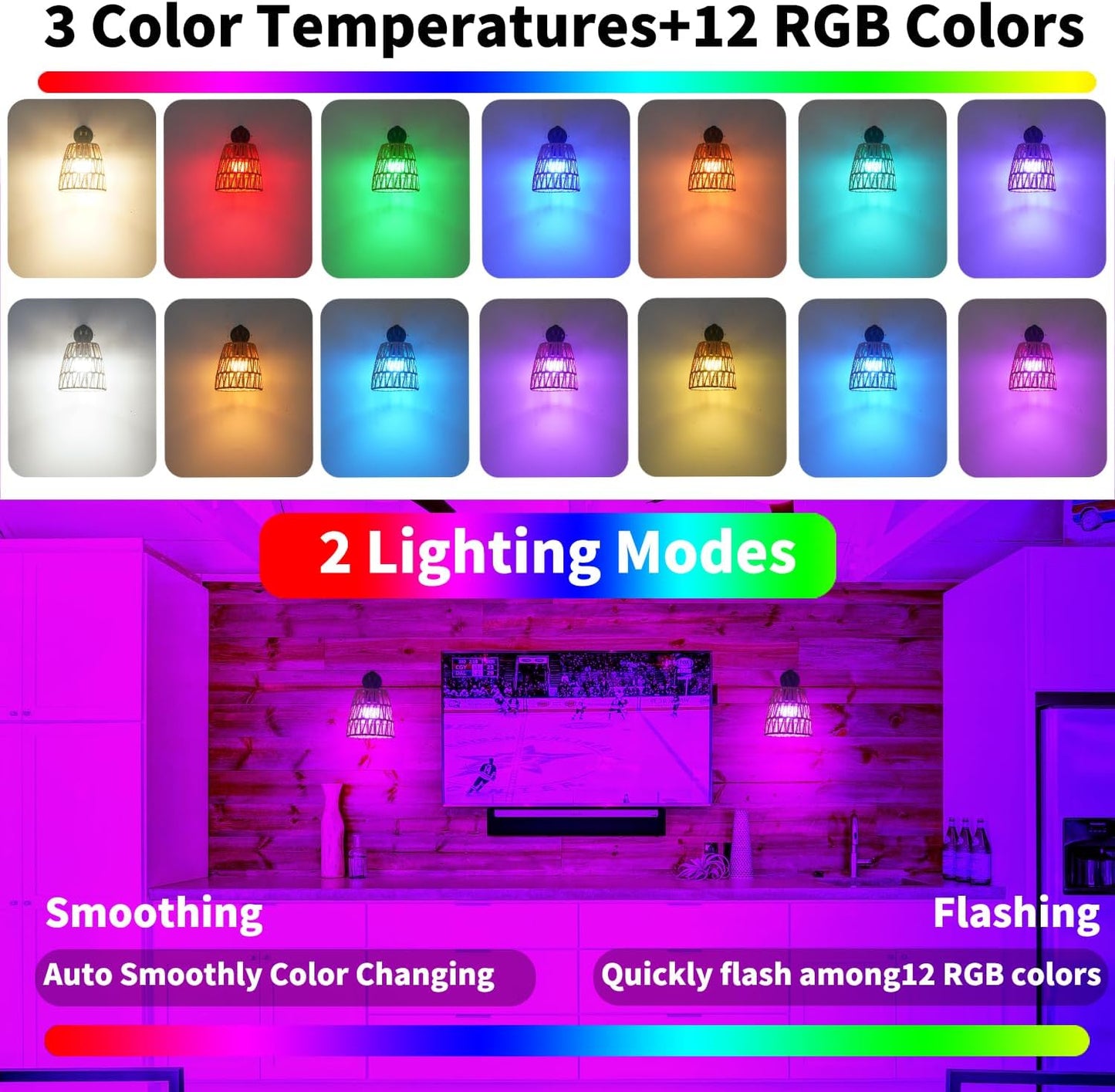 Apliques pared ratán control remoto RGB 15 colores