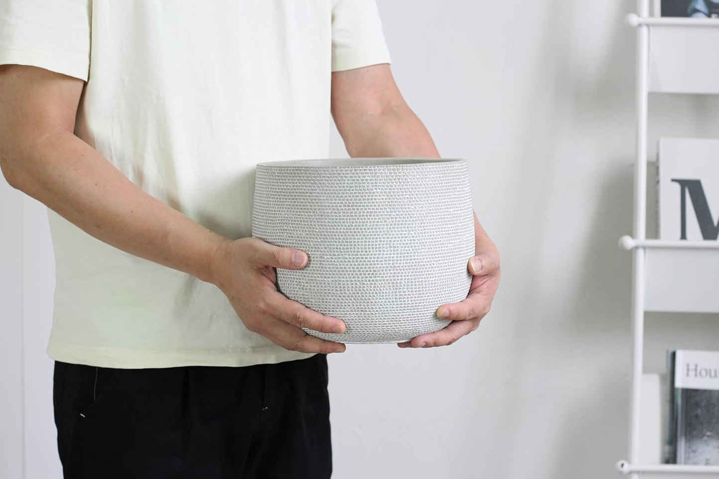 Maceta Cerámica Grande 25cm Gris Claro Blanco