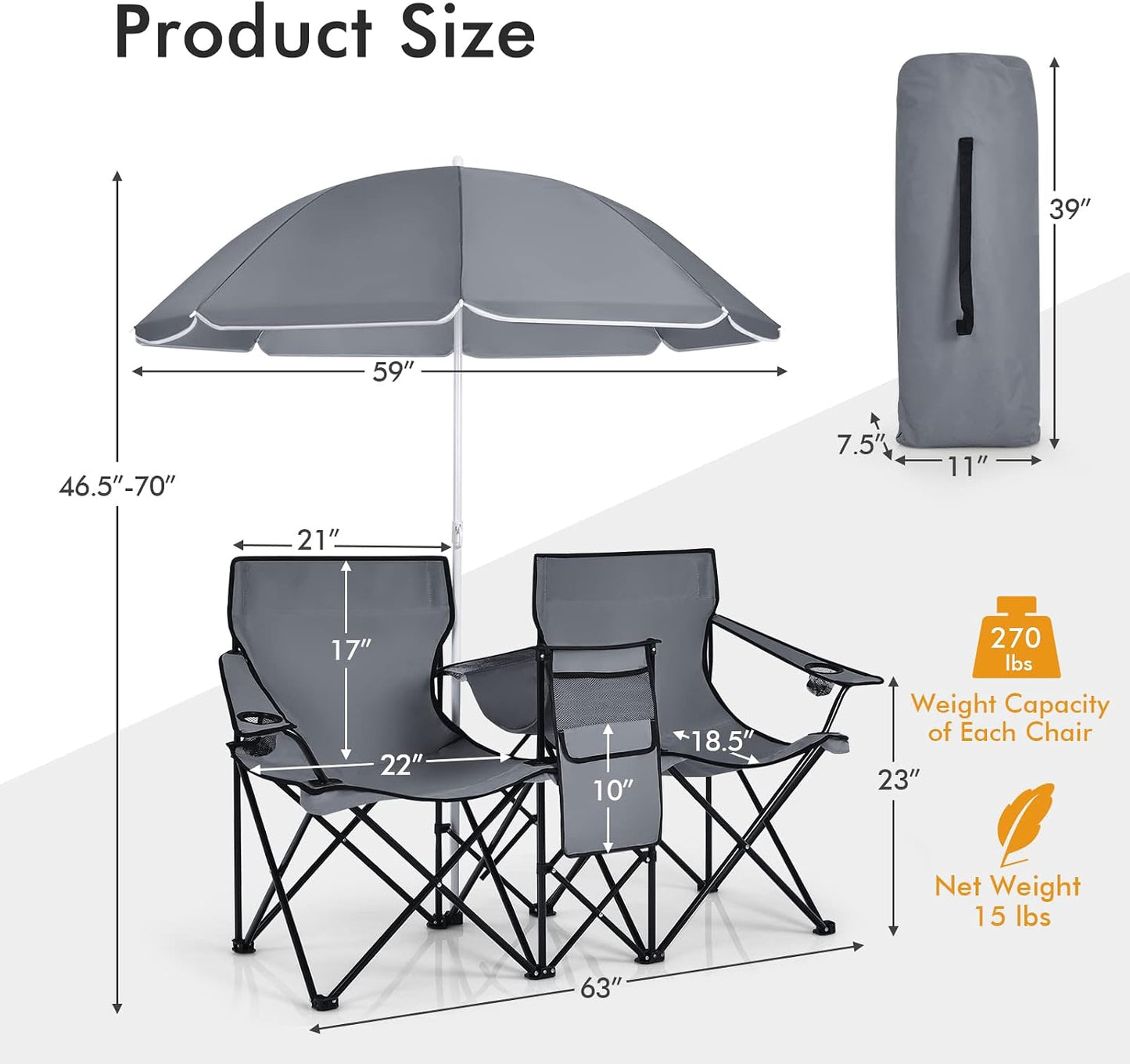 Silla campamento doble plegable con paraguas y portavasos