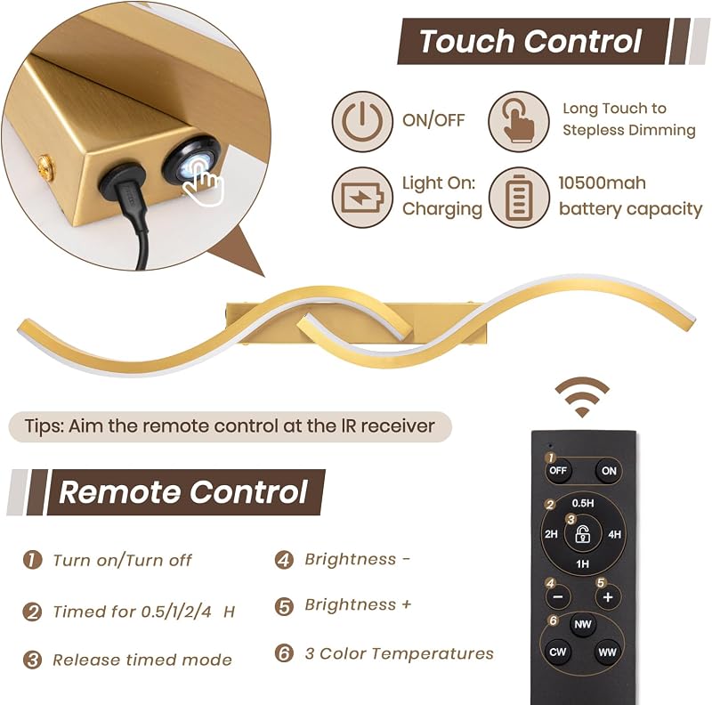 Aplique pared LED inalámbrico moderno dorado
