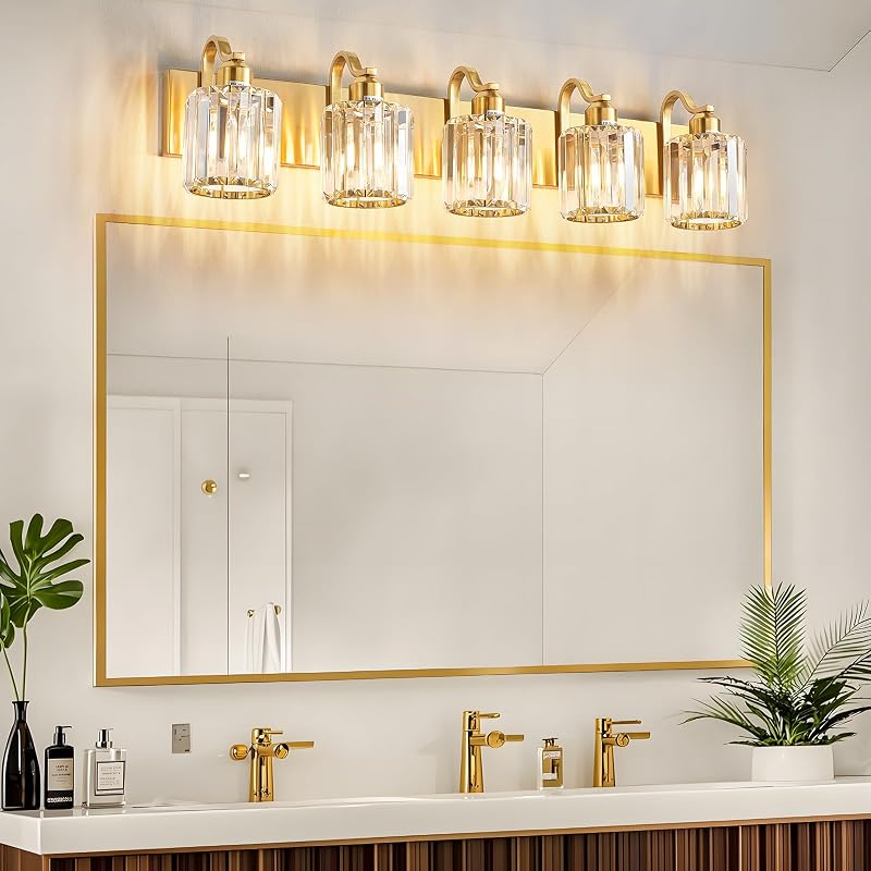 Lámpara cristal tocador baño 5 luces dorado curvado