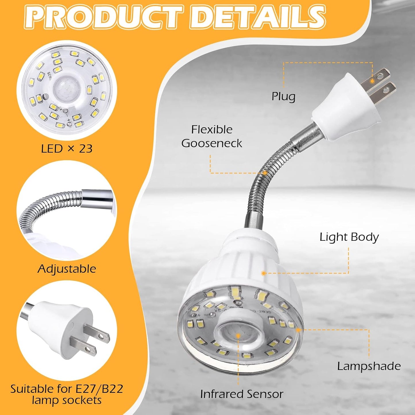 3 Luces LED Nocturnas Sensor Movimiento Giratorio Blanco Frío