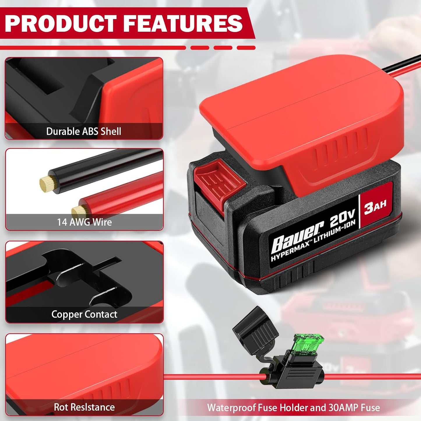 2 Adaptadores Batería 20V Conector 14 Fusible 30A Botón