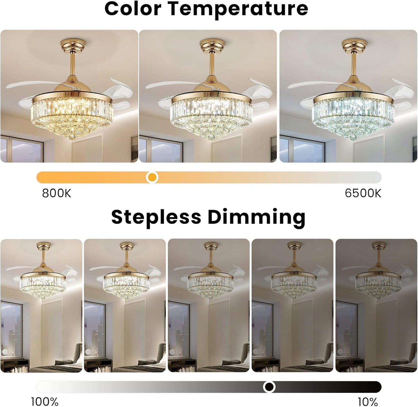 Ventilador techo cristal LED regulable control remoto dorado