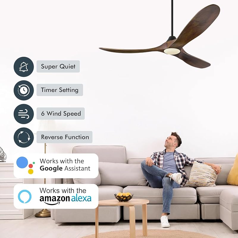 Ventilador techo 70pulg madera nogal 3 aspas luces app alexa