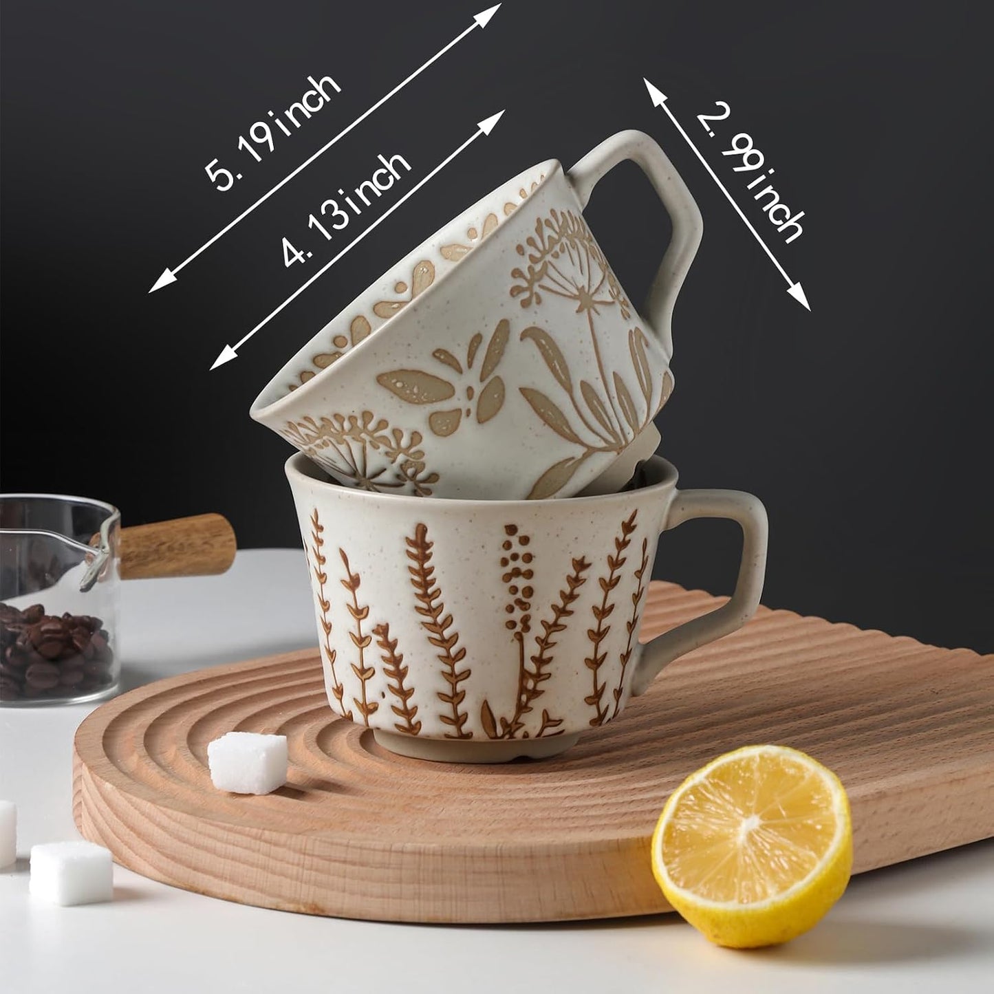 Set 4 Tazas Cerámica 12oz con Cuchara Flores