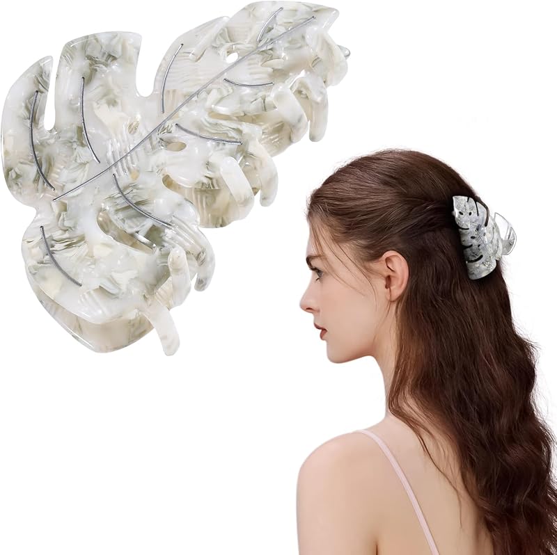 Pinza cabello diseño hoja gris 3.5pulg agarre fuerte mujer niña