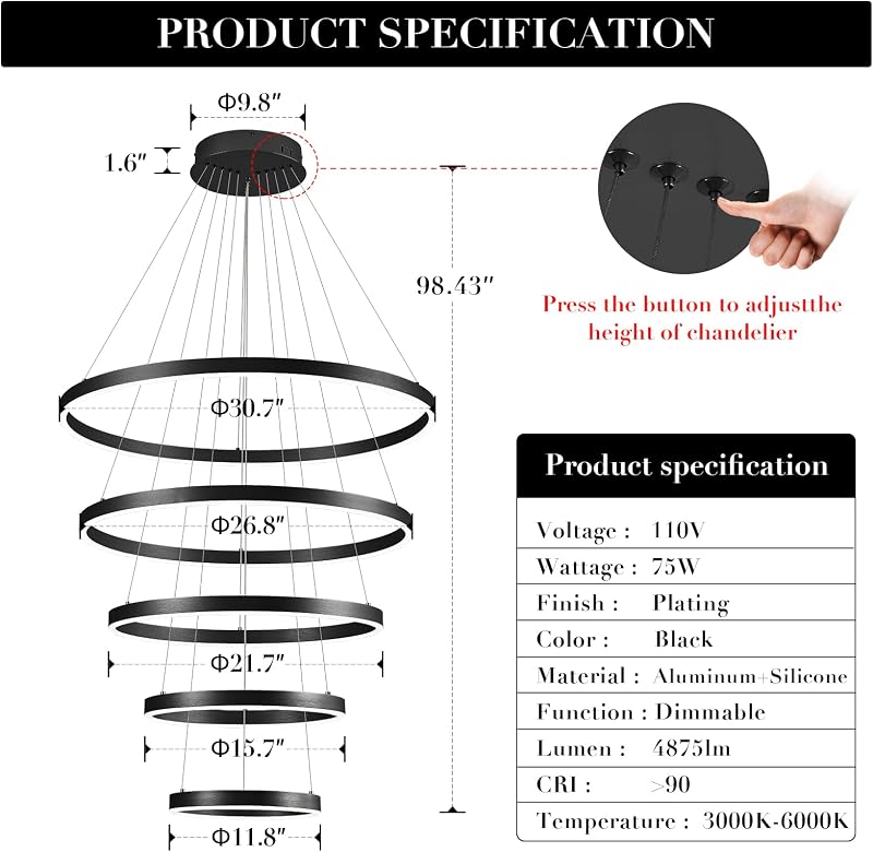 Candelabro LED 5 Anillos Negro 31pulg Regulable 3000K-6500K