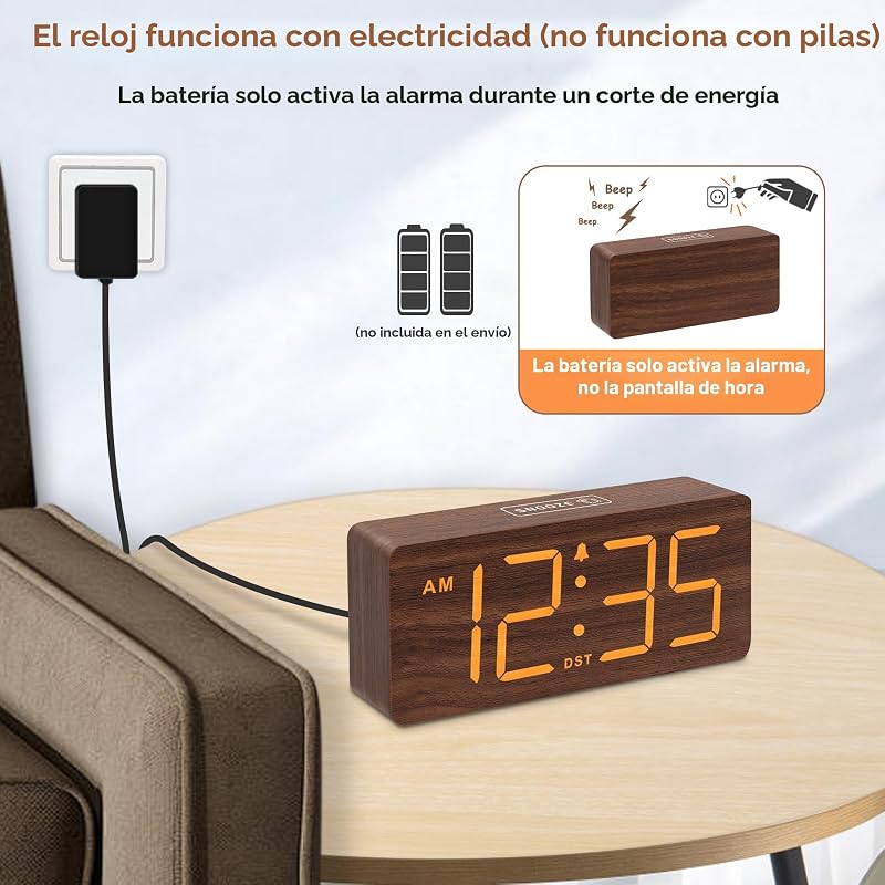 Reloj despertador digital de madera alarma volumen
