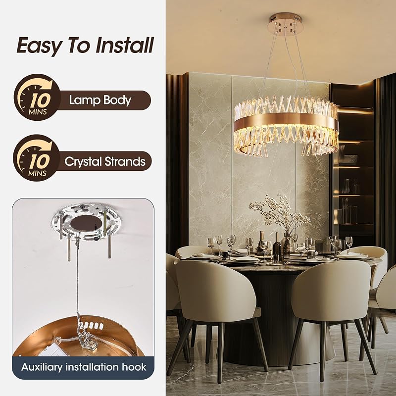 Candelabro dorado LED 24pulg redondo cristal lujo sala
