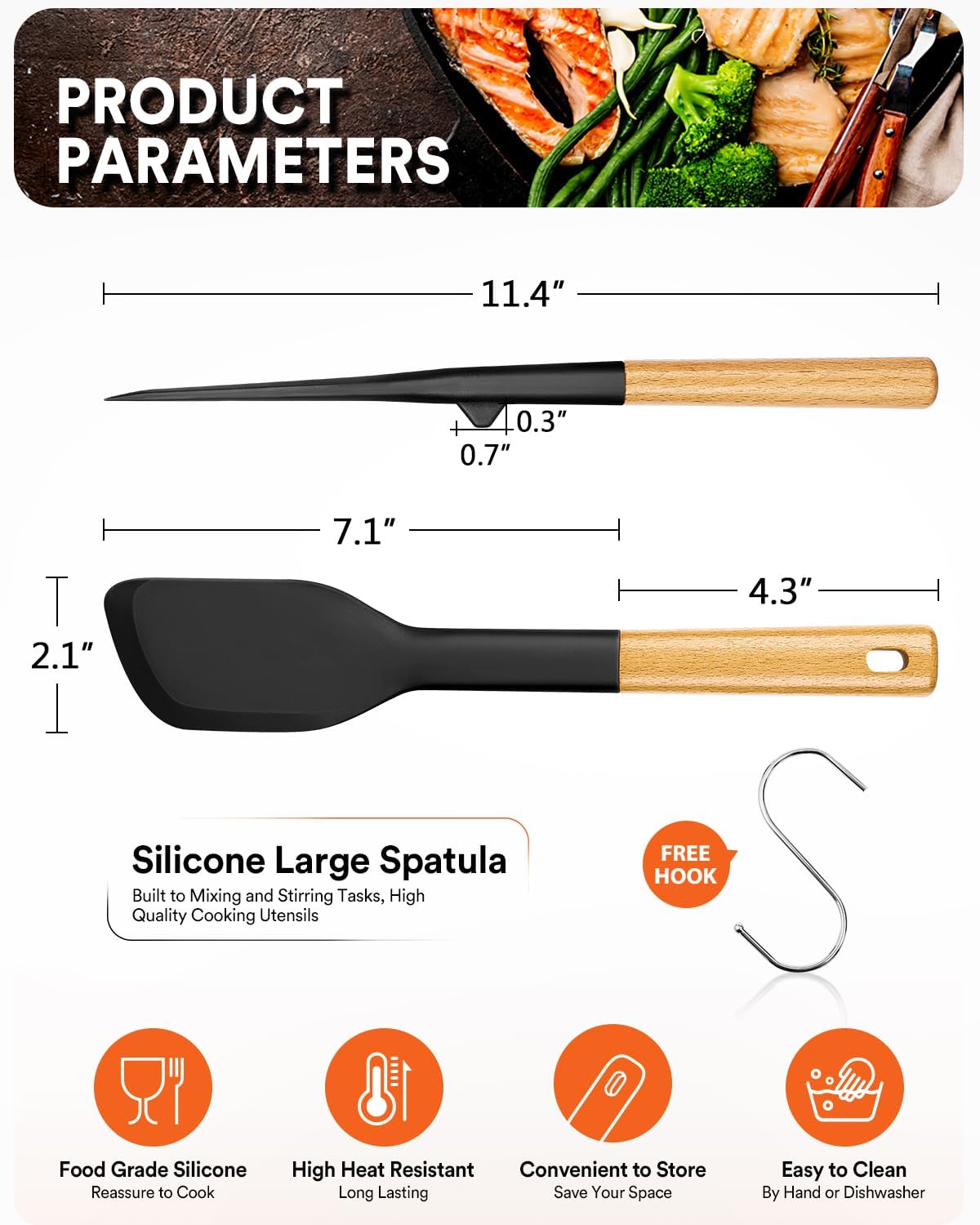 Espátula de silicona sin BPA para cocina antiadherente con mango de madera