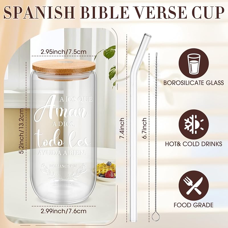 8 Pzas Vasos Vidrio Religiosos 16oz con Tapas Bambú y Cepillos
