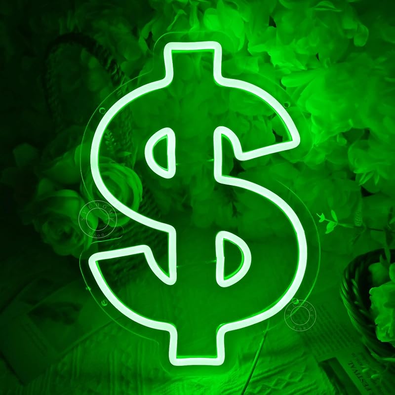 Letrero neón LED diseño dólar verde 13.78x9.65pulg