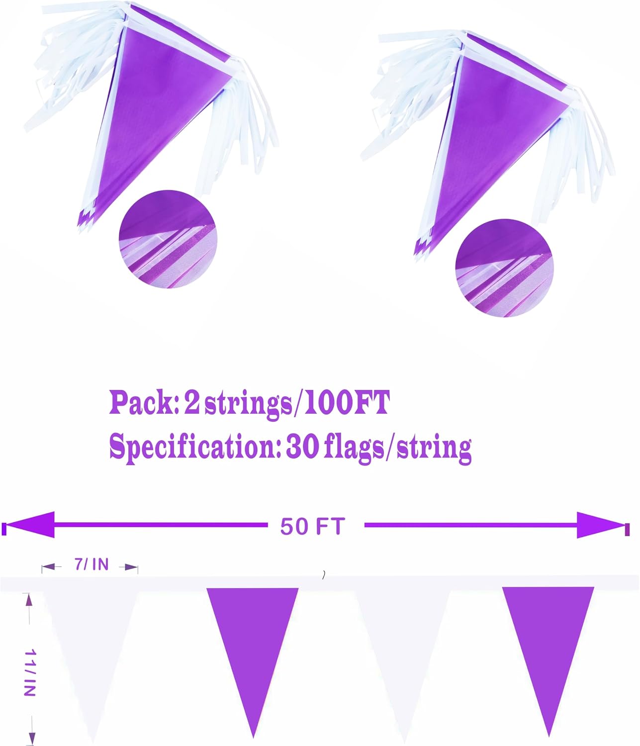 Banderines tela triangular morado blanco 100ft para fiestas