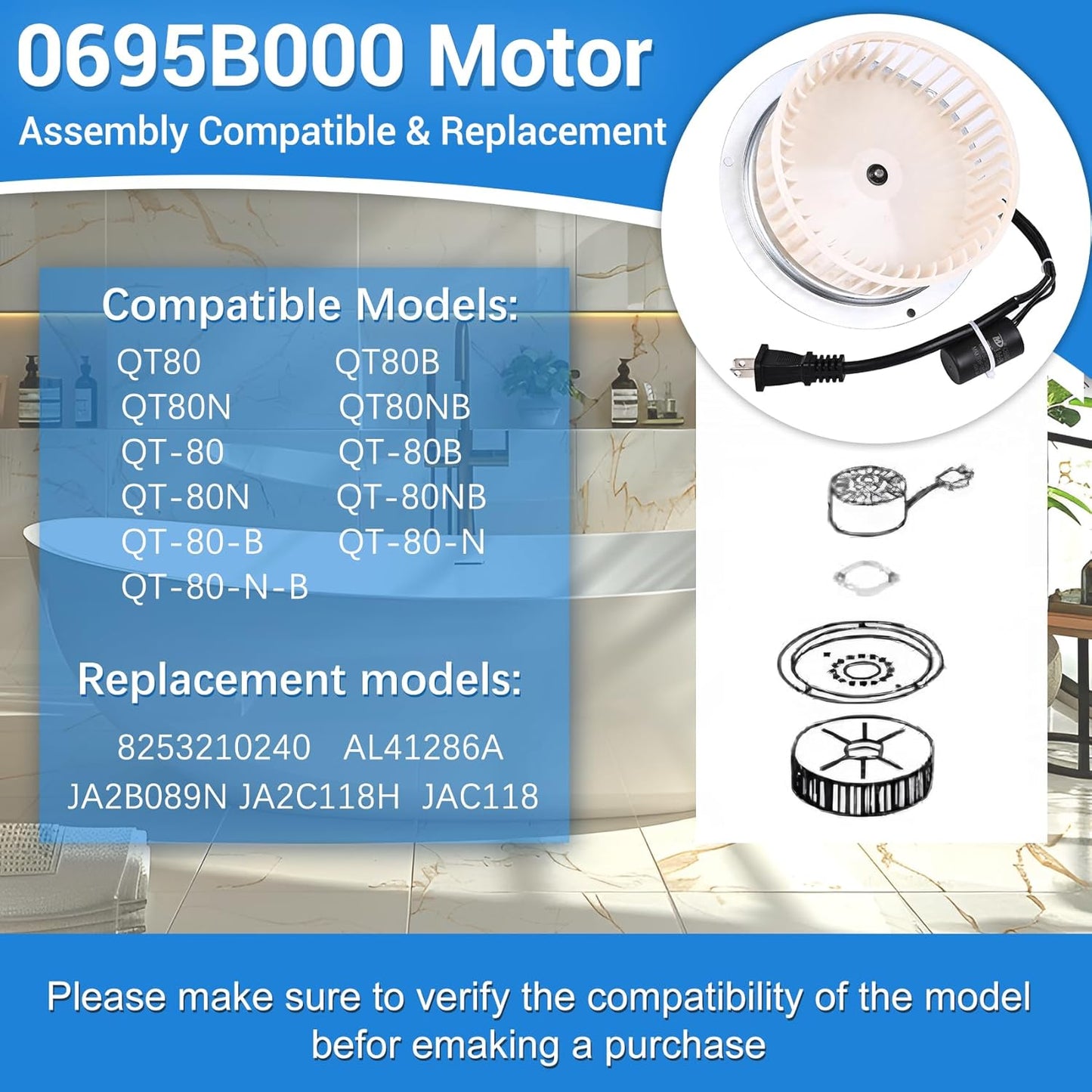 Motor ventilador baño comp. Nutone QT80 120V 60Hz 0.26A