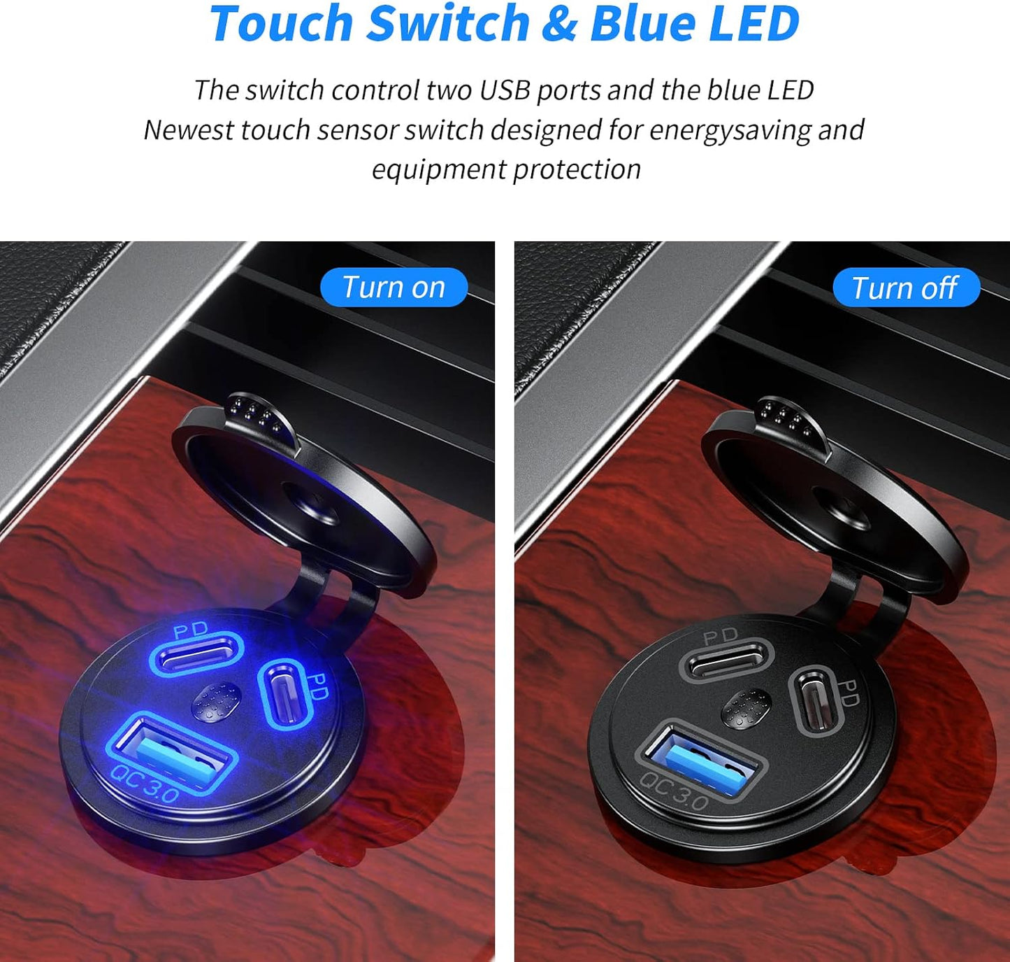 Cargador USB coche PD3.0 QC3.0 2 Pzas con interruptor