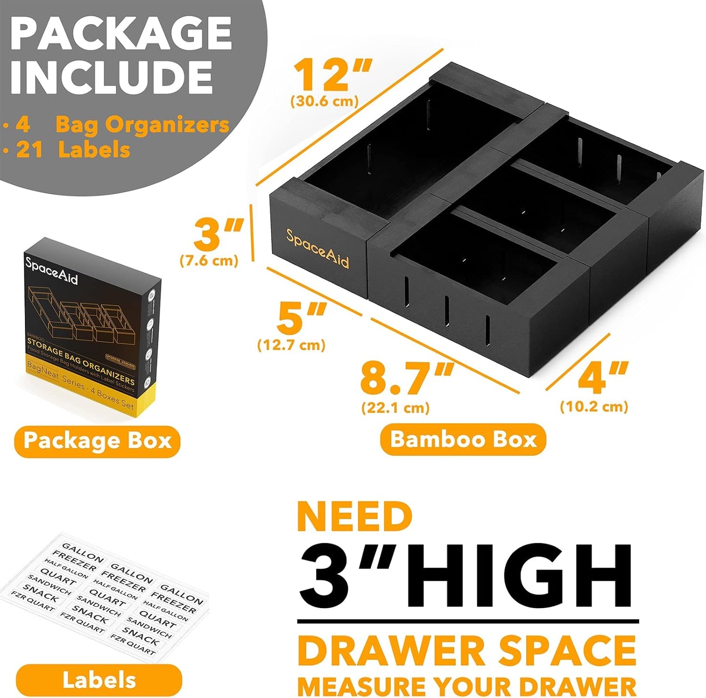 Organiz. cajón cocina bambú para bolsas 4 Uds