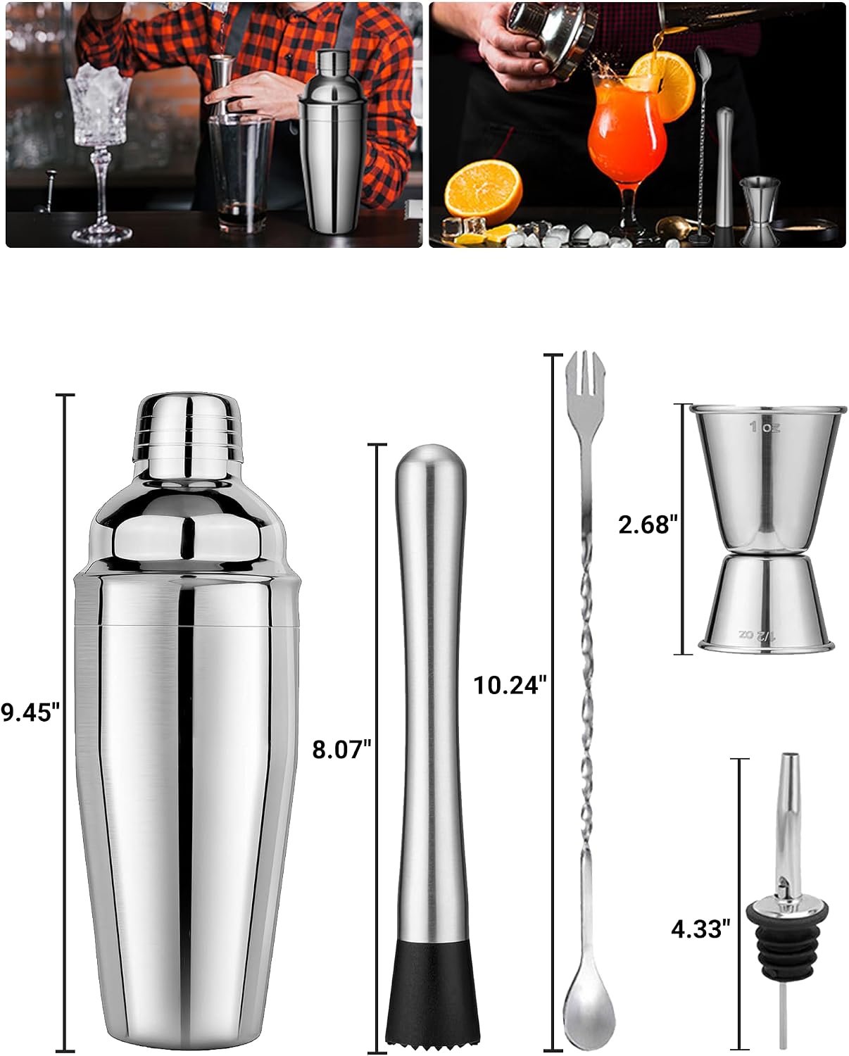 Set 6 Pzas Coctelera Acero Inox 24oz con Jigger y Colador