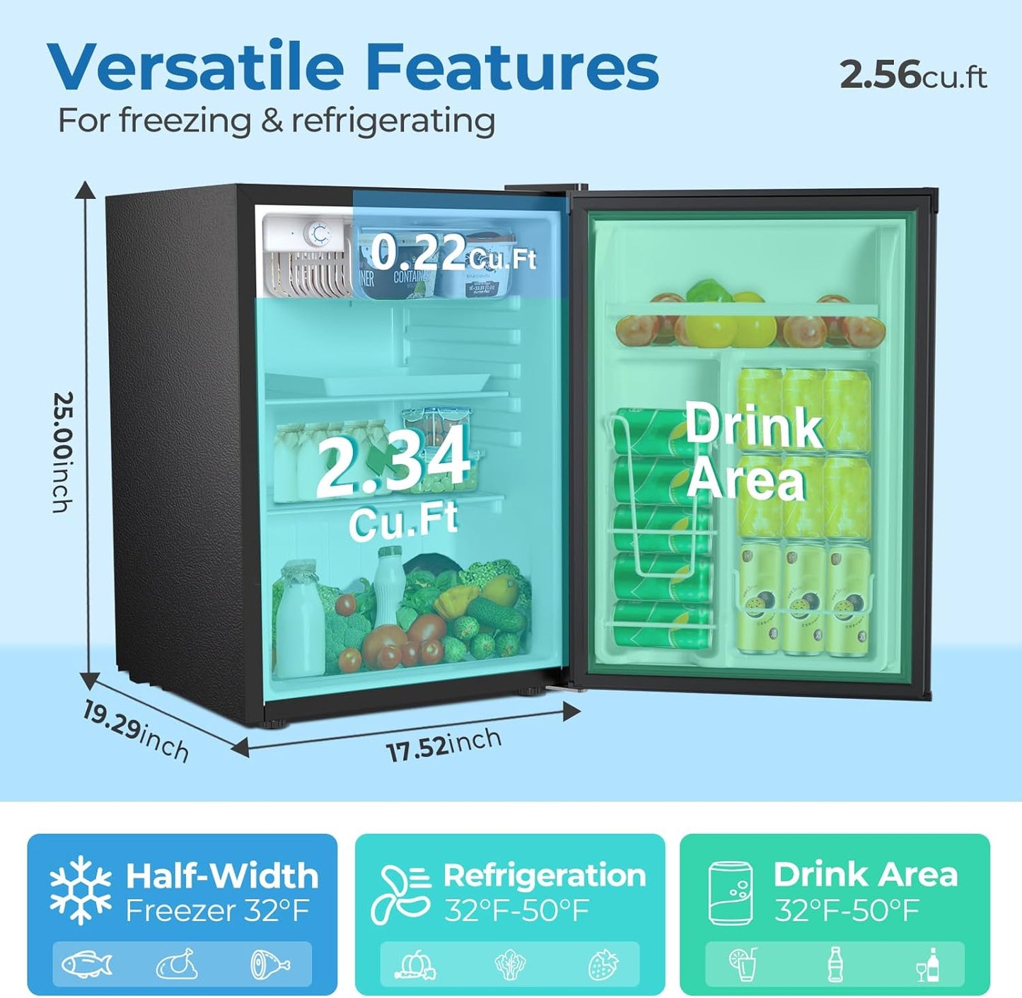 Refrigerador compacto 2.56ft³ puerta reversible negro