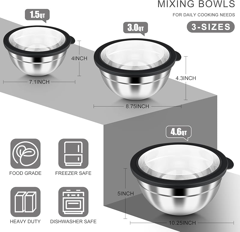 Set 6 Pzas Cuencos Acero Inox Anidables con Tapas Herméticas