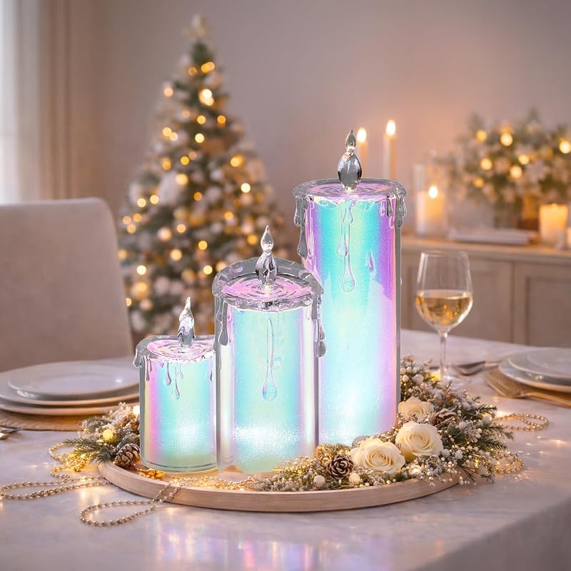 3 Velas Holográficas LED Acrílico Brillante Sin Llama